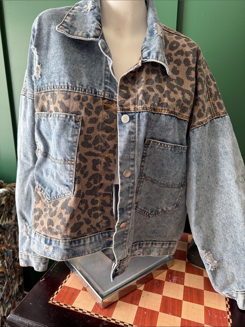 Women’s Distressed Denim Jacket with Leopard Panels - Blue/Brown